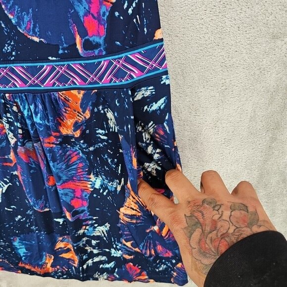 BCBGMAXAZRIA Dress Womens S Blue Floral Jersey Knit Pockets Drop Waist Tropical - Picture 3 of 9